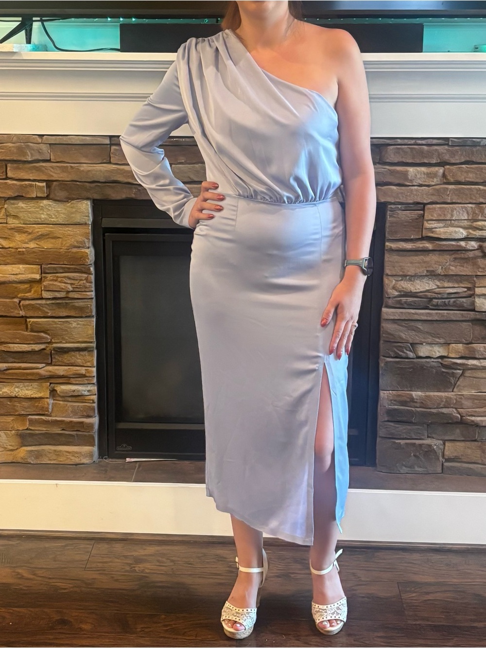 ELAGIA Light Blue Satin One-Shoulder Asymmetrical Midi Dress – Size L (US 8)